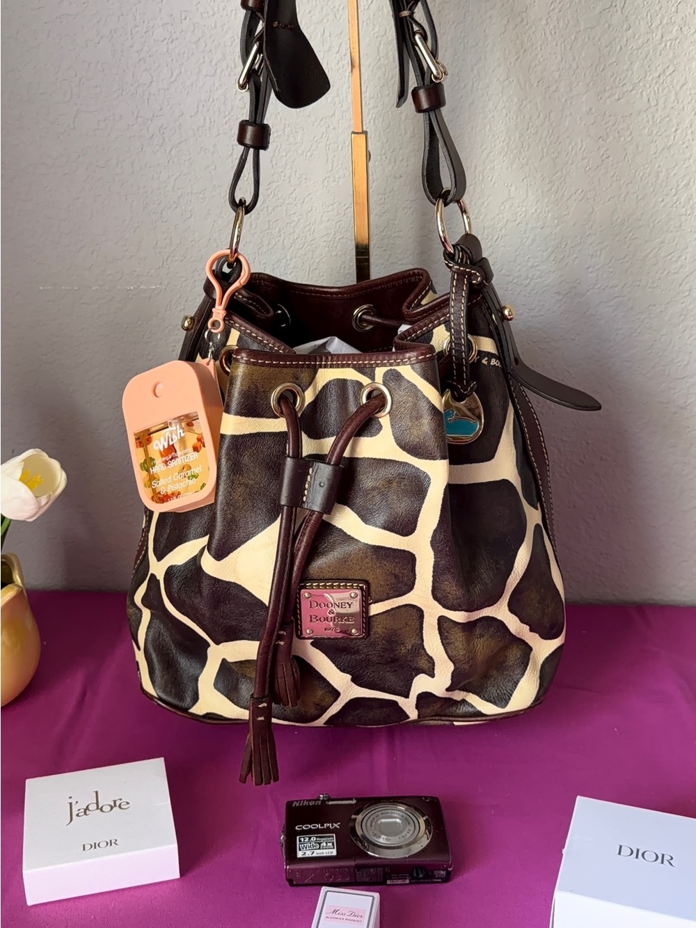 Dooney & Bourke Brown and Cream Giraffe-Print Drawstring Bucket Bag - Picture 2 of 10